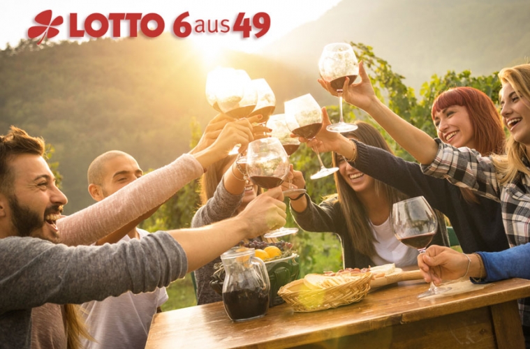 Gruppe von jungen Leuten trinkt Wein und genießt Sonnenuntergang auf einem Weinberg
