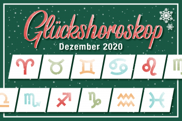 Roter Schriftzug: Glückshoroskop Dezember 2020 auf dunkelgrünem Hintergrund. Zu sehen sind alle Sternzeichen in grün, rot, blau und orange.. Weihnachtlich mit Schneeflocken