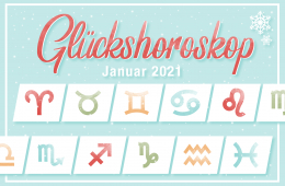 Roter Schriftzug: Glückshoroskop Januar 2021 auf hellblauem Hintergrund. Zu sehen sind alle Sternzeichen in grün, rot, blau und orange.